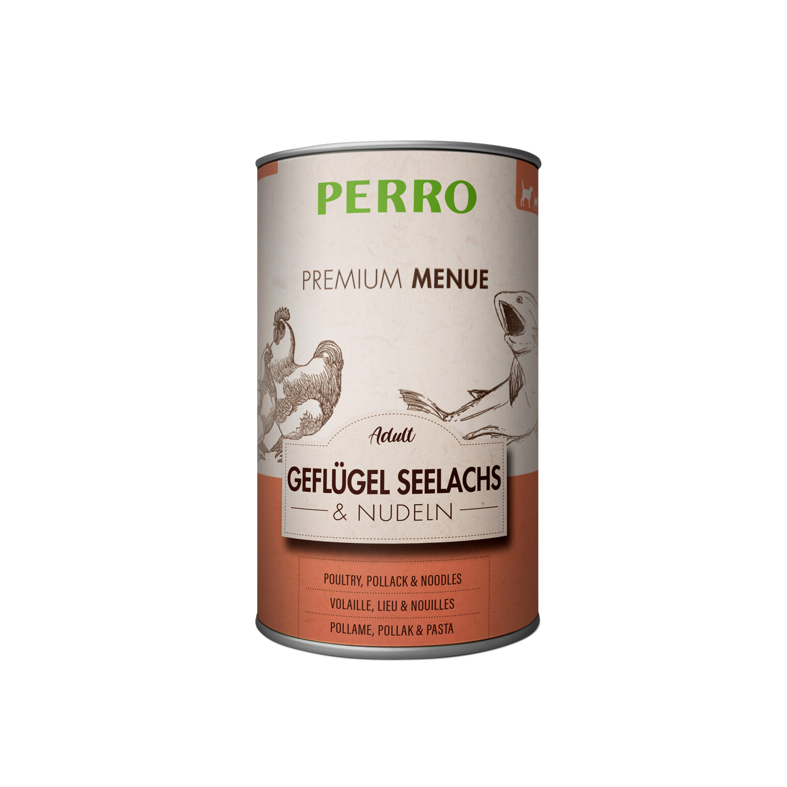 PERRO Premium Menue Adult Geflügel, Seelachs mit Nudeln